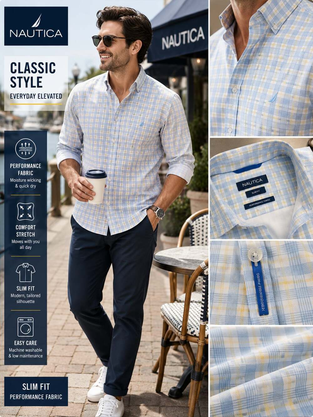 Nautica Men’s Performance Plaid Button Down Shirt Blue Yellow Slim Fit